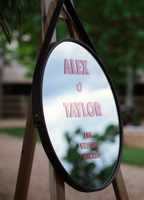 Custom Message Mirror Leather Sign Launch Event Melbourne Weddings