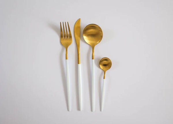 Matt White & Gold Luxe Cutlery 4-Piece Set Hire