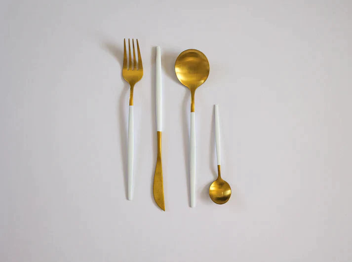 Matt White & Gold Luxe Cutlery 4-Piece Set Hire